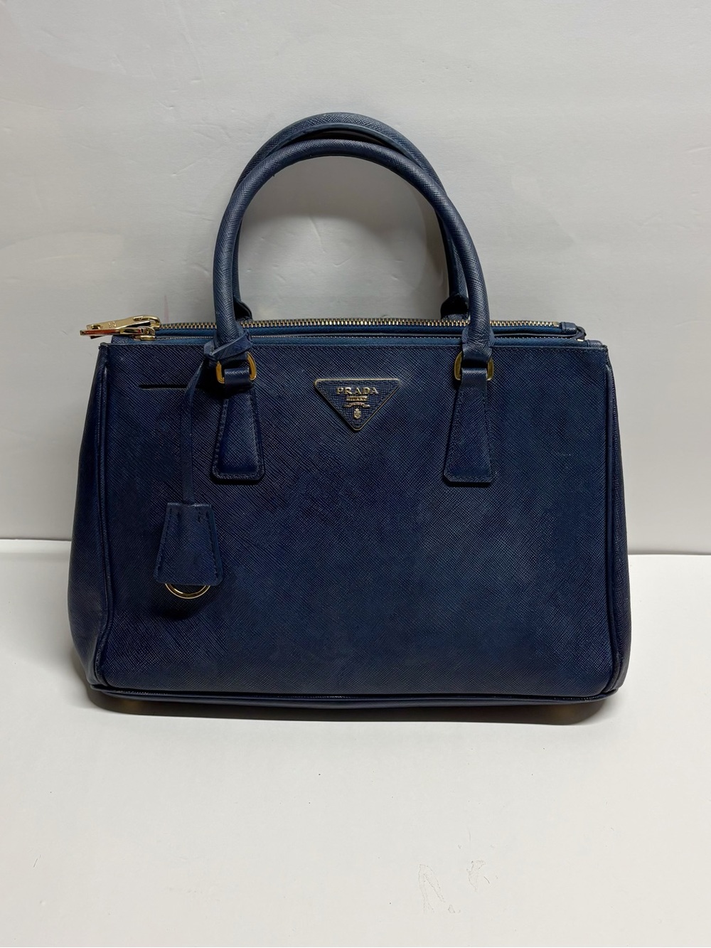 PRADA Blue Saffiano Galleria Double Zip Leather Satchel Handbag